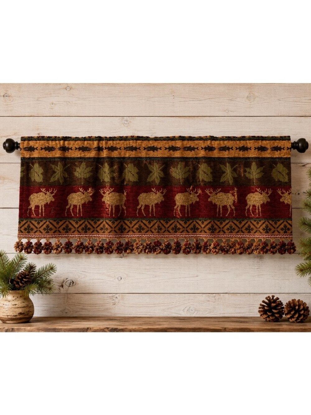 Vintage Croscill Lodge Valance Moose Fish Leaves Tassels Cabin Rustic Tapestry